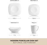Luna Plates and Bowls Sets, 16 Piece Modern Porcelain Dish Set for 4, Chip and Scratch Resistant Square Dinnerware Set