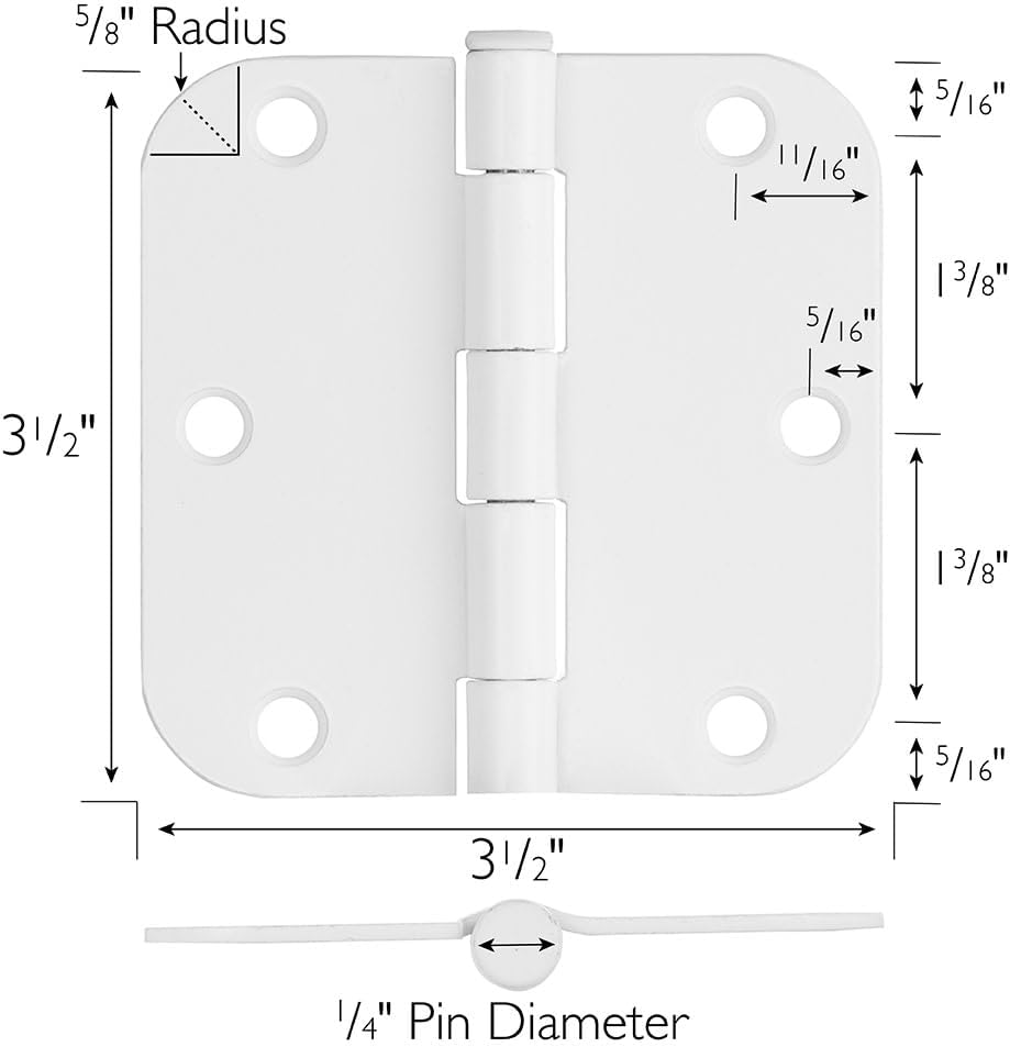 Plain Bearing Door Hinge 9-Pack, 3-1/2 x 3-1/2 in. 5/8 in. Radius, White, Steel, Removable Pin, 189829