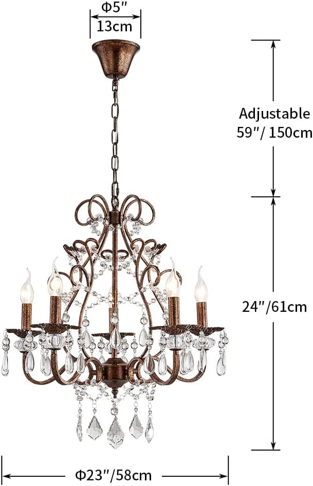 5-Lights Crystal Chandelier in Farmhouse Style, K9 Crystal Pendant Light for Bedroom, Dining Room, Living Room, H24 x D23, Chain Adjustable