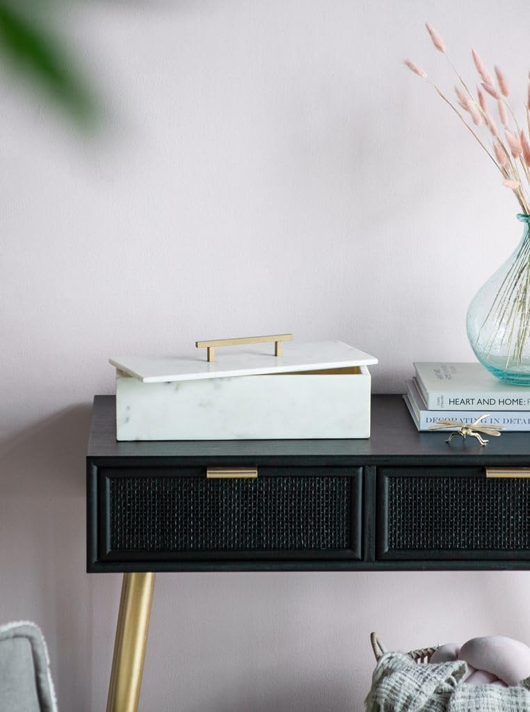 White Marble Rectangular Storage Box with Brass Handle, Contemporary Accent Box, Removable Lid, 14.5' x 7'