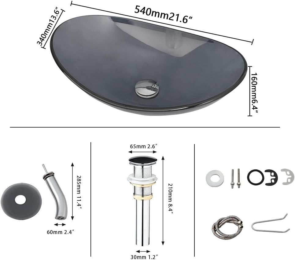 22" x 14" Oval Grey Vessel Sink Glass Sinks Bowl Above Counte, Bathroom Sink with Faucet and Drain Tempered Glass Sinks