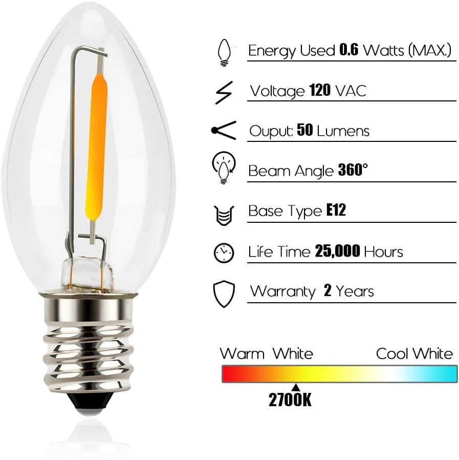 Night Light Bulbs, C7 Candelabra LED Light Bulbs, E12 Chandelier Base, 4W 5W 6W 7W Incandescent Equivalent, Warm
