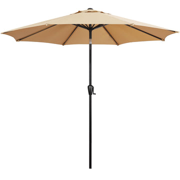 9' Round Patio Umbrella with Push-Button Tilt and Hand Crank Lift System, Market Umbrella in Taupe, Deck, and Yard