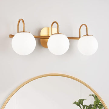 Modern Bathroom Vanity Light Fixtures 3 Lights Brushed Brass Frame and Milk White Glass Globe Shade Modern Wall