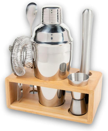 Premium Cocktail Shaker Set with Bamboo Stand, 4-Piece Bar Tools Kit, Stainless Steel Bartender Set with Shaker - Set of 4