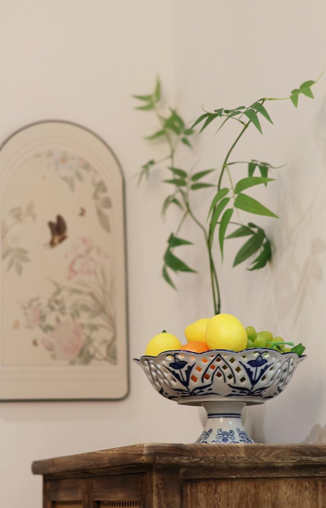 Vintage Floral Round Chinoiserie Ceramic Serving Bowl with Draining Holes, Blue And White10" Large Fruit Basket, Hand