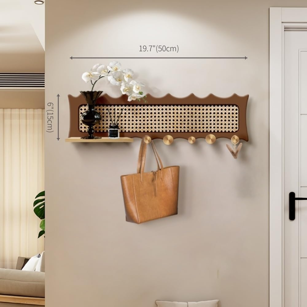Mid-Century Wall-Mounted Coat Rack with Shelf Rattan-Inspired Entryway Organizer with 6 Hooks Wooden Hanging Rack