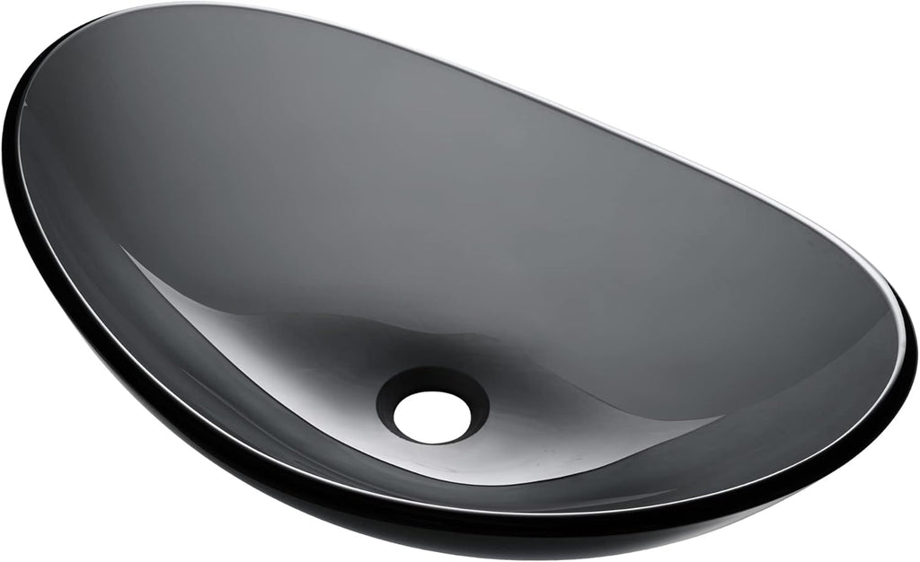 Tempered Glass Bathroom Vessel Sink Oval Vanity Above Counter Top Mount Basin Clear Grey Industrial Modern
