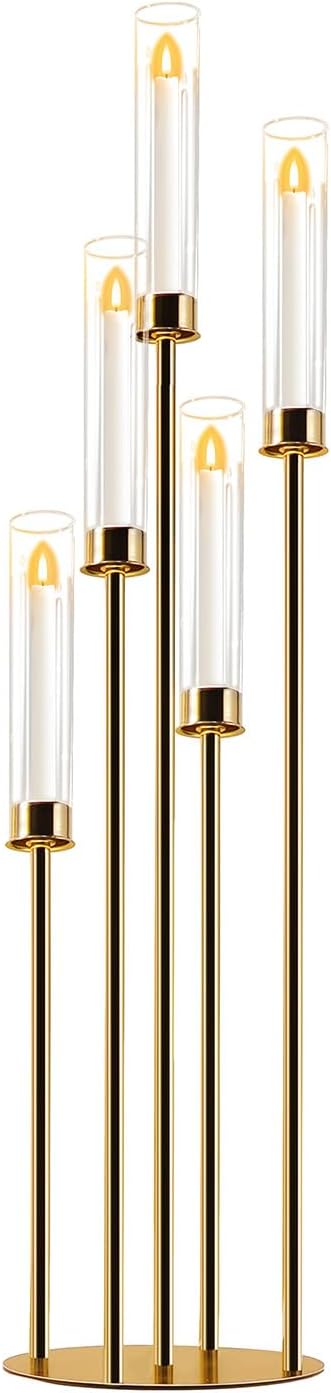 Gold 5-Arm Metal Cluster Taper Candelabra Candle Holders Includes Led Candles & Remote Control, Votive Pillar Candle