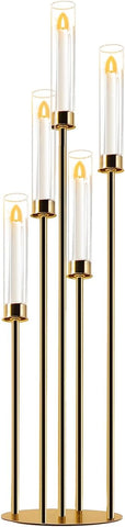 Gold 5-Arm Metal Cluster Taper Candelabra Candle Holders Includes Led Candles & Remote Control, Votive Pillar Candle