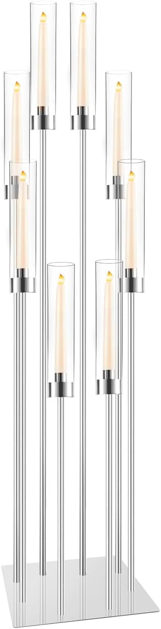 Large Floor Candelabra for Centerpiece: 8-arm Floor Candleholders with Acrylic Shades for LED Candles, Metal Pillar