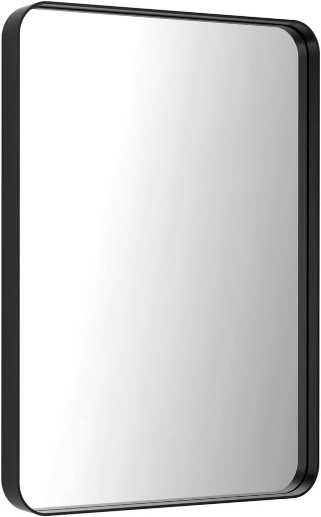 Black Metal Framed Bathroom Mirror for Wall, 22X30 Inch Rounded Rectangle Mirror, Matte Black Bathroom Vanity Mirror