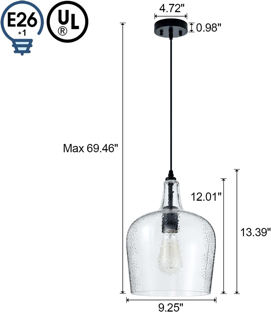 Glass Pendant Light Modern Black 1 Light Single Dome Pendant Lighting Fixtures for Kitchen Island Dining Room