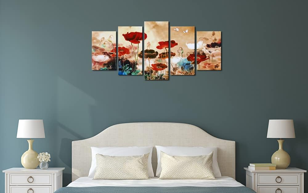 Blooming Poppies 5 Piece Canvas Prints Wall Art Colorful Floral Pictures Paintings Home Decorations Modern Stretched