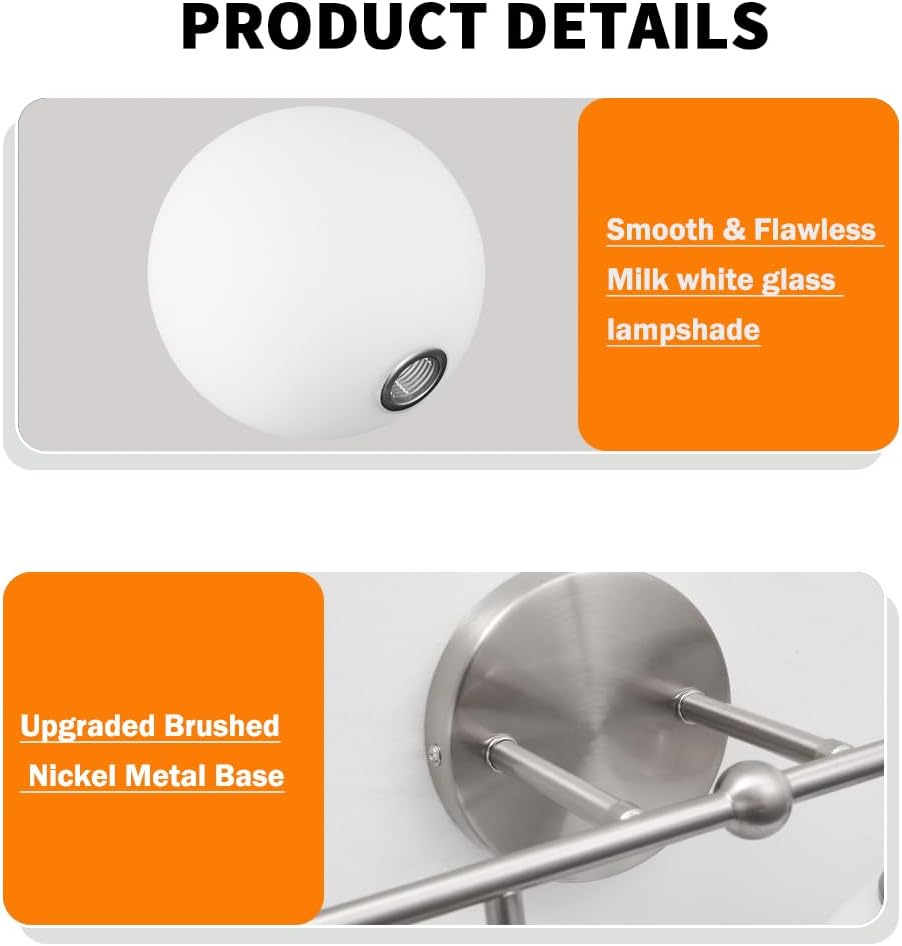 Modern 4-Lights Brushed Nickel Vanity Lights Over Mirror, Bathroom Lighting Fixtures with Milk White Globe Glass