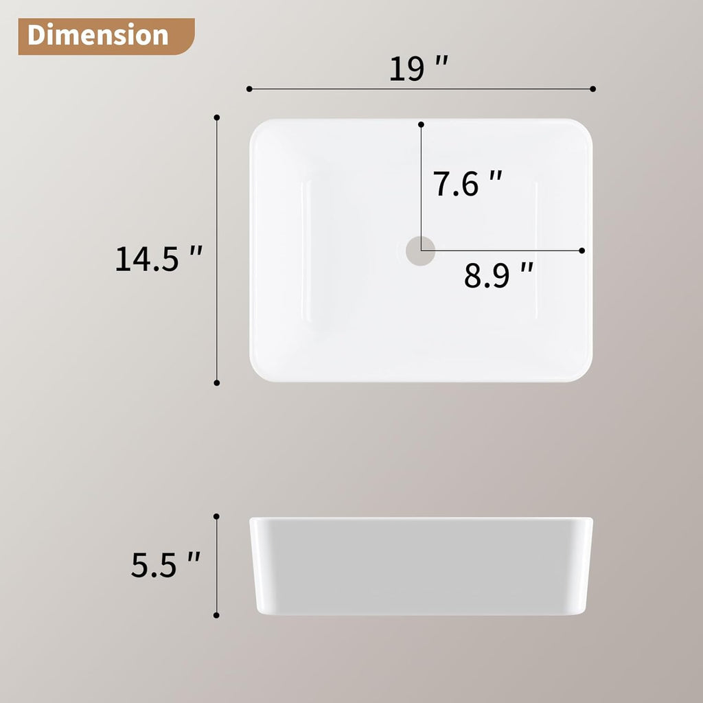 19"X15" Bathroom Vessel Sink Rectangular Above Counter White Porcelain Ceramic Modern Vanity Sink Rectangle Art Basin