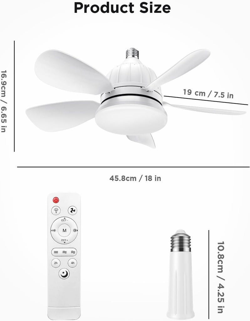 Socket Fan Light with Remote: 18'' Small Ceiling Fans with Lights, 2000 Lumens Dimmable Led Bulb, 3 Colors 3000K-6500K, Easy Install Screw in E26 Base for Bedroom Living Room Kitchen Garage