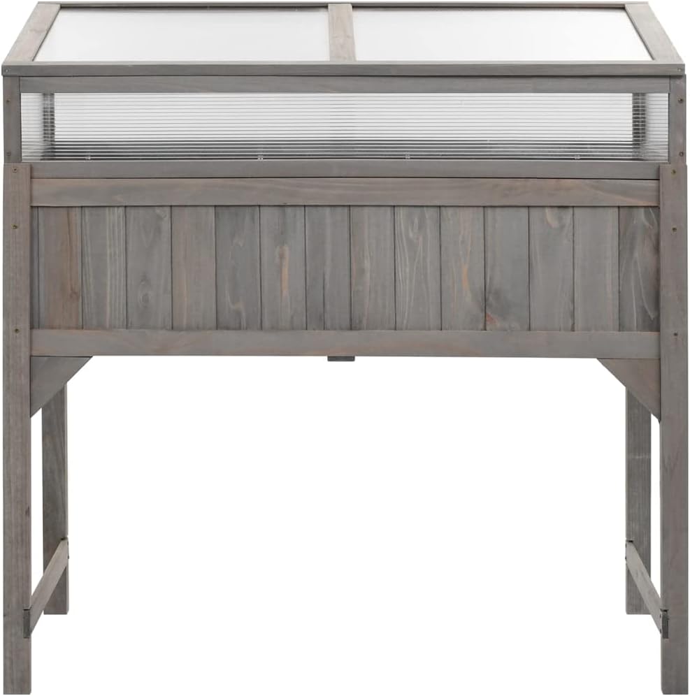 Solid Wood Raised Garden Bed with Greenhouse Gray 43.3in | Elevated wooden planter box with clear cold frame top