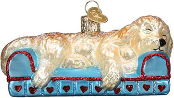 Sleepy Doodle Dog Glass Blown Ornament, Handcrafted Holiday Decoration, Dog Collection