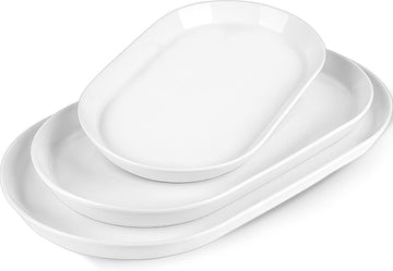 Large Oval Serving Platter Set of 3 (16"/14"/12") - White Ceramic Turkey Platters for Entertaining, Party Serving