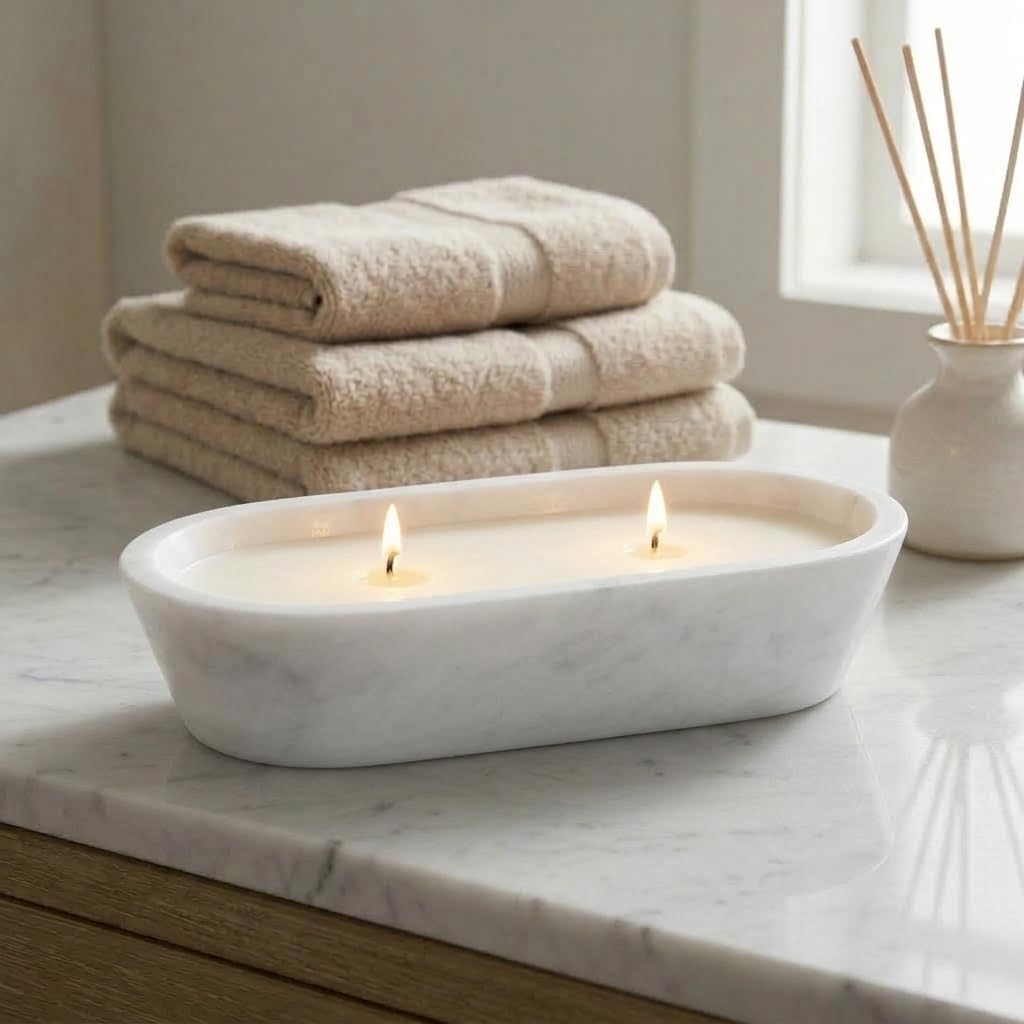 Marble Dough Bowls For Decor 10" Inches White Oval Bowl Table Décor, Ideal Candy Bowl, Candle Bowl and Marble Bowl