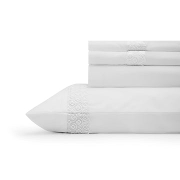 Home 100% Cotton Percale Floral Scallop Lace Sheets, Queen Size, White, Deep Pocket, 4 Pieces Set - 1 Flat, 1 Deep