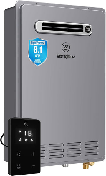 Smart Outdoor Propane Tankless Water Heater, 8.1 GPM 180, 000 BTU Whole Home Instant Hot Water Heater