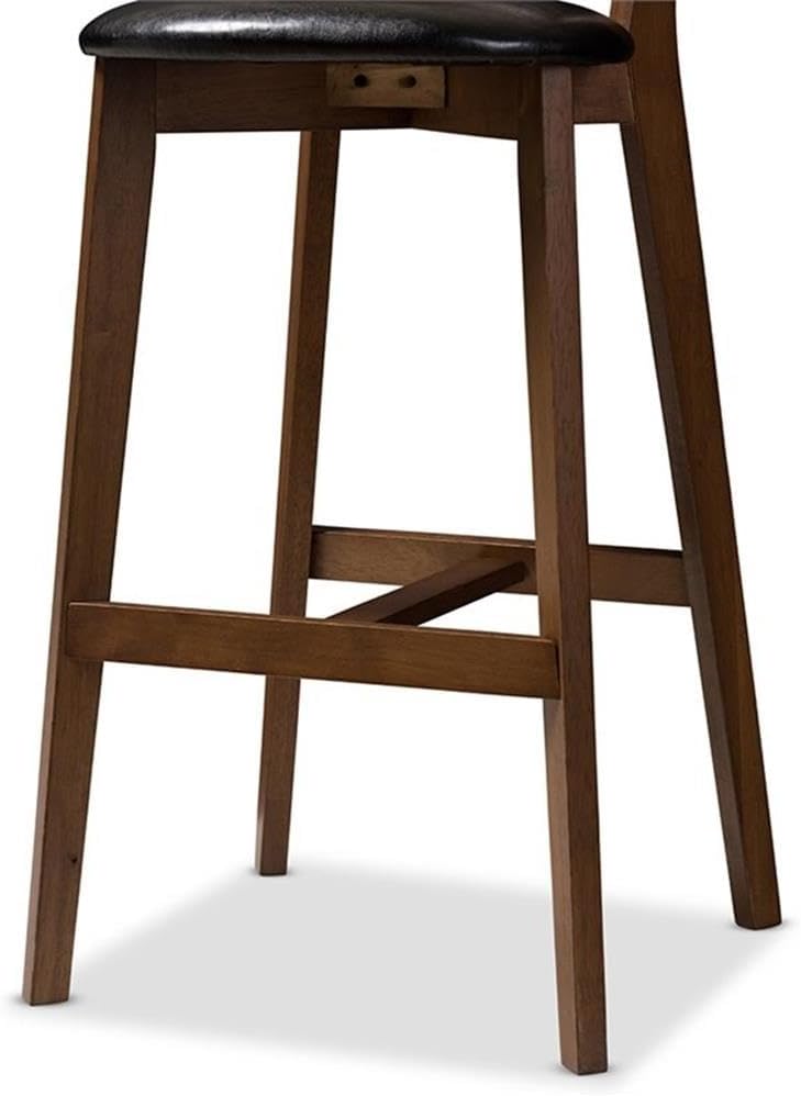 30" Bar Stools, Faux Leather and Rubberwood, Black and Walnut Brown Finish, Set of 2, Bentwood Back, Mid-Century