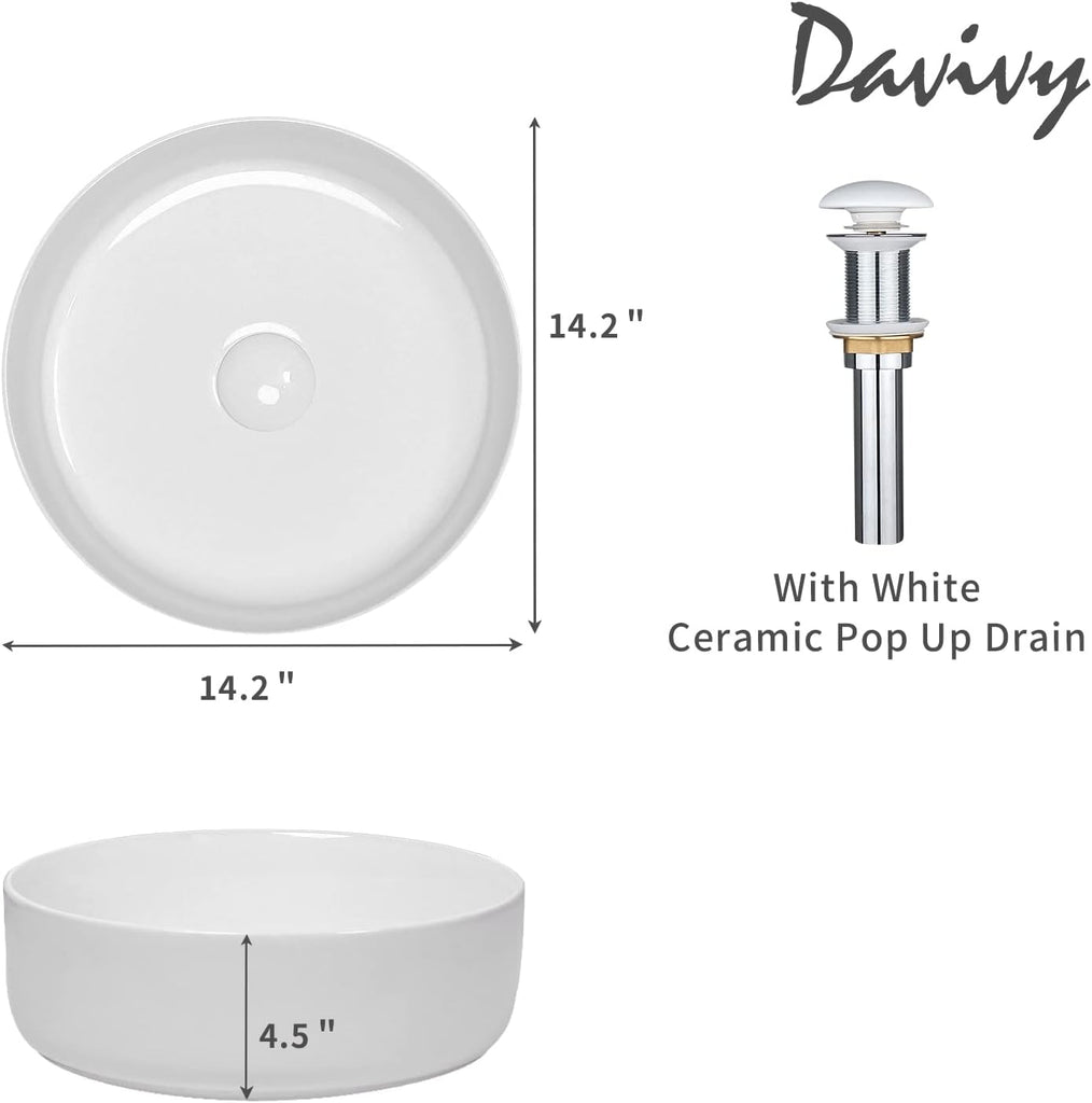 14'' Round Vessel Sink with Pop Up Drain,Bathroom Vessel Sinks,Bathroom Sinks Above Counter,Ceramic Vessel