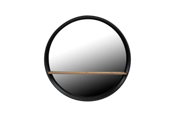 Round Metal Framed Wall Mirror with Wood Shelf, Black and Natural, 24"