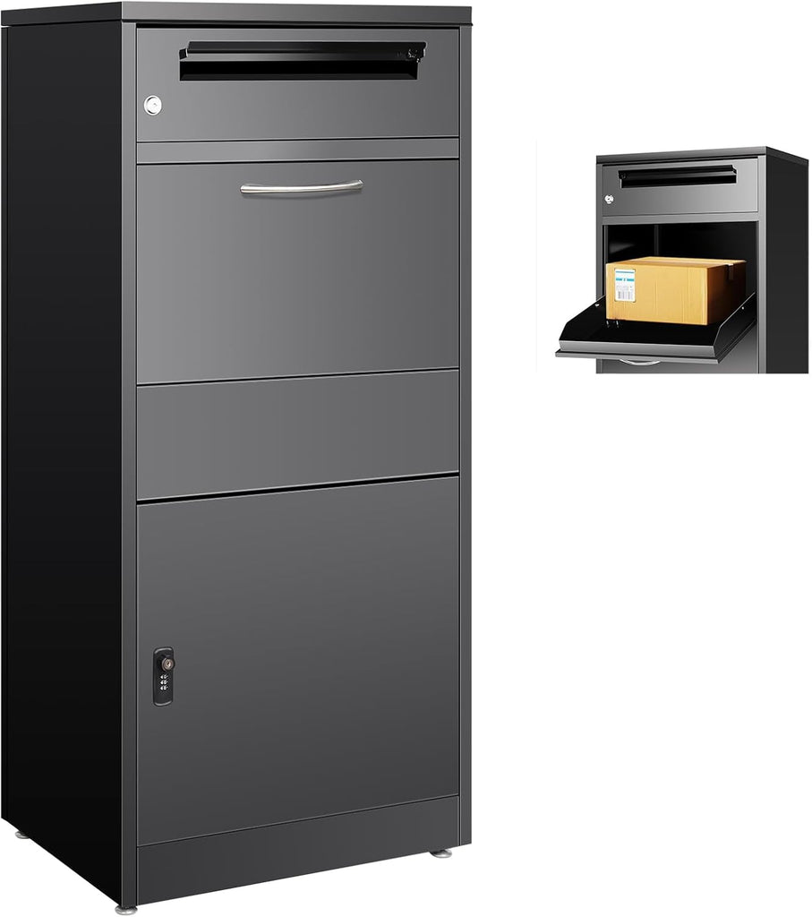 45" Package Delivery Box - Lockable Black Metal Parcel Drop Box, Anti-Theft, IPX4 Waterproof