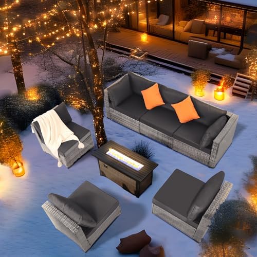 7-Piece Wicker Outdoor Patio Furniture Set - Conversation | Grey with Thick Cushions for Backyard, Garden & Porch