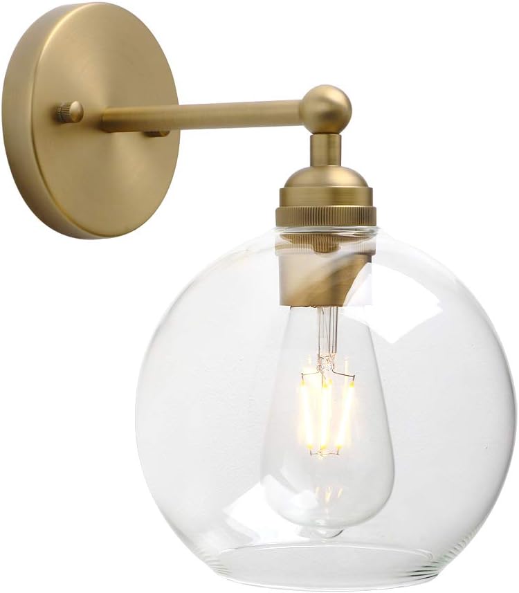 Antique Brass Vanity Bathroom Globe Glass Shade Wall Sconce | 1-Light Indoor Hardwired Wall Industrial Fixture Lights
