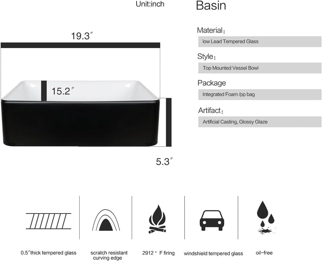 Ceramic Bathroom Sink, Black and White 19" x 15" Above Counter Porcelain Vessel Sink with Black Faucet and Pop up