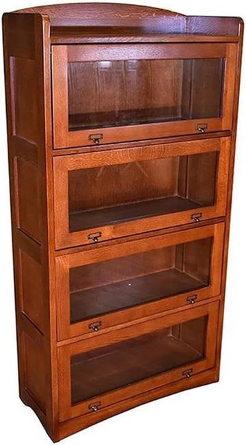 Traditional 4-Stack Wood Barrister Bookcase, Cherry Finish, 65" H x 33" W x 14" D, Glass Doors, Vintage-Style Metal