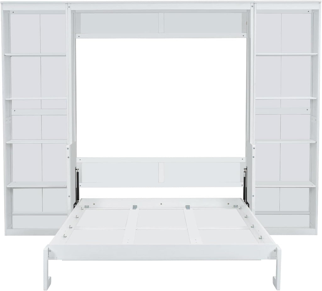 Queen Murphy Bed with Desk and Storage Shelves,Pine Wood Vertical Murphy Wall Bed Cabinet with Storage Bookcase