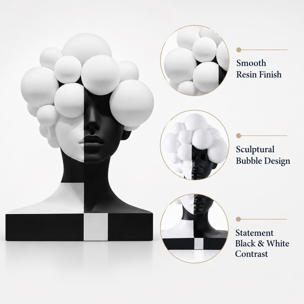 Checkered Modern Abstract Bust Statue Decor, Black and White Art Face Sculpture,Large Resin Woman Head Figurine