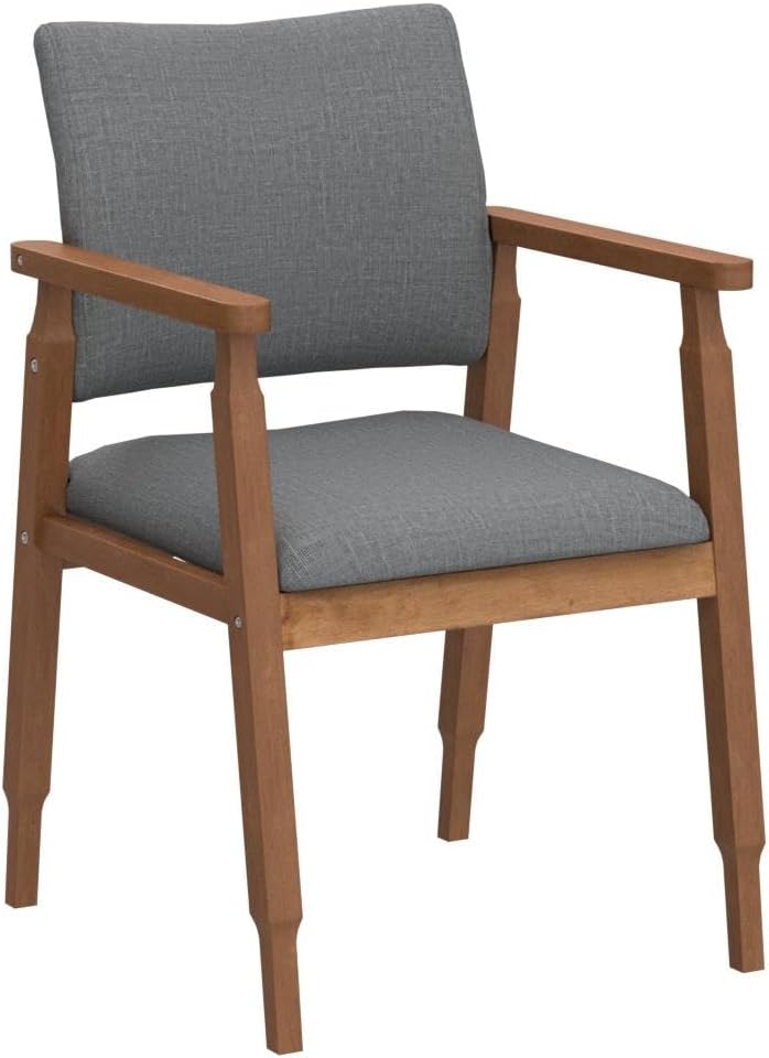 Mid Century Modern Walnut Dining Chairs Wood Arm Grey Fabric Kitchen Cafe Living Room Decor Furniture