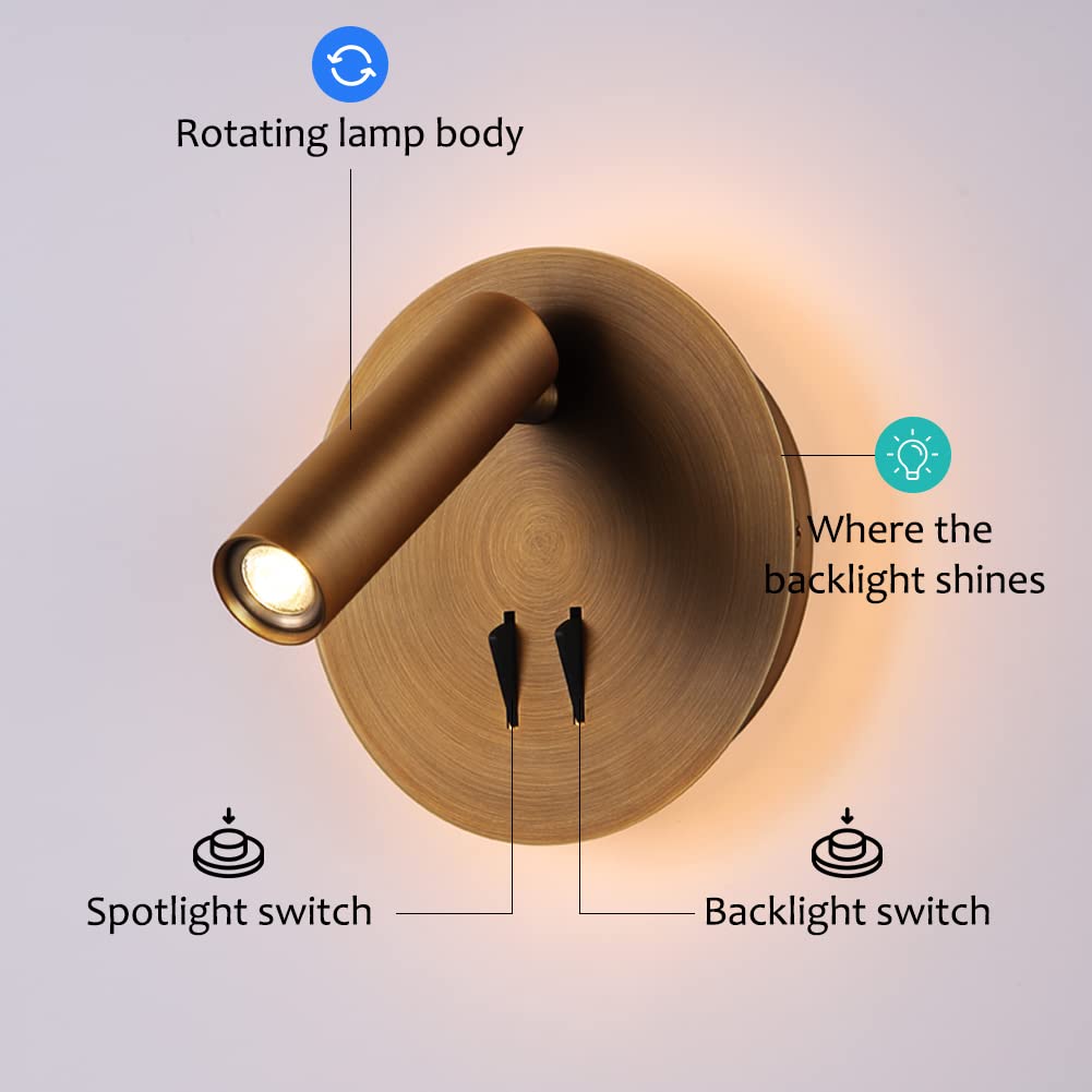Wall Mount Reading Light for Bed, Backlight Night Wall Lamp, Hardwired Sconce with Switch, Adjustable Wall Sconce