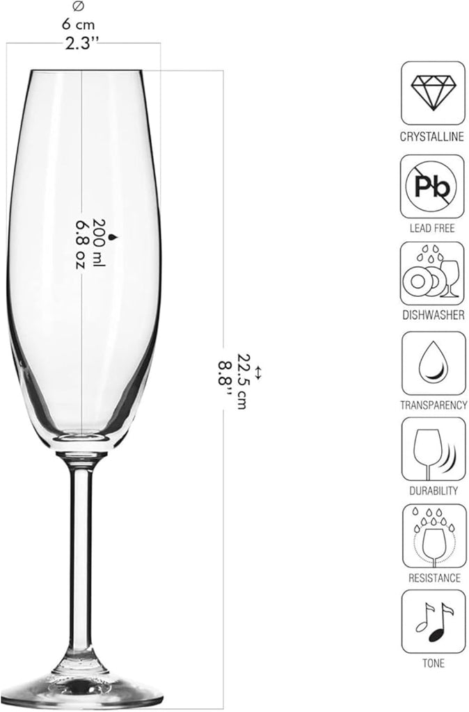 Crystal Champagne Flutes, Set of 6, 6.8 oz, Venezia Collection, Lead-Free Glass, Flutes for Prosecco, Sparkling Wine