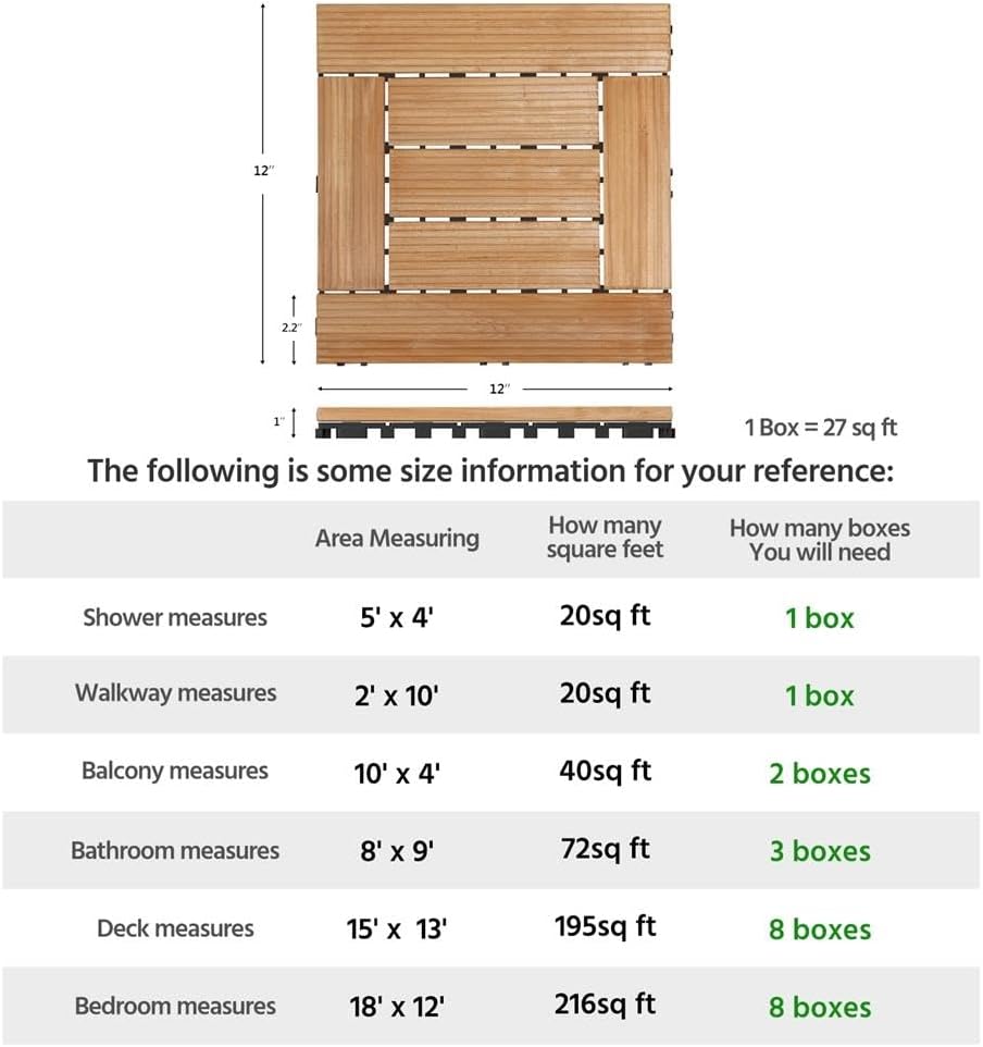 27PCS Natural Wood Deck Tiles Interlocking Patio Deck Tiles Solid Wood and Plastic Indoor&Outdoor 12 x 12in