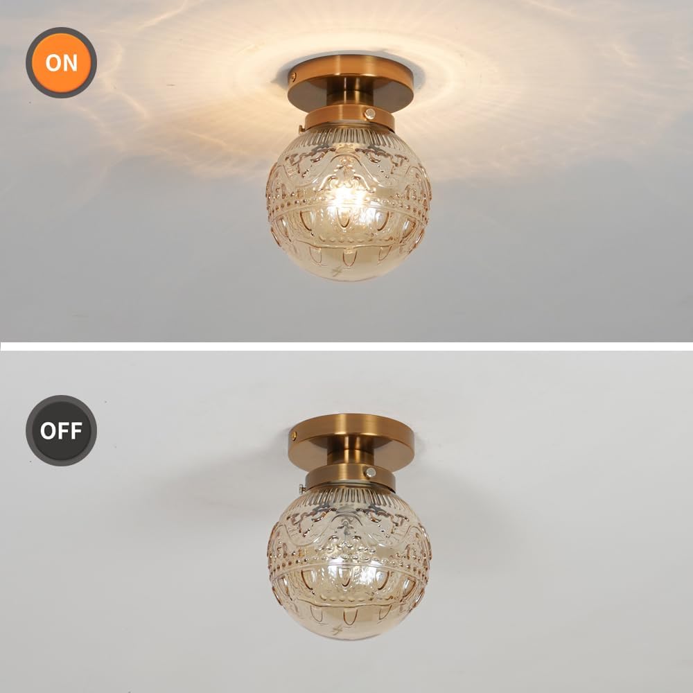 Semi Flush Mount Ceiling Light, Gold Vintage Kitchen Ceiling Lighting Fixture, Amber Globe Glass Close to Ceiling