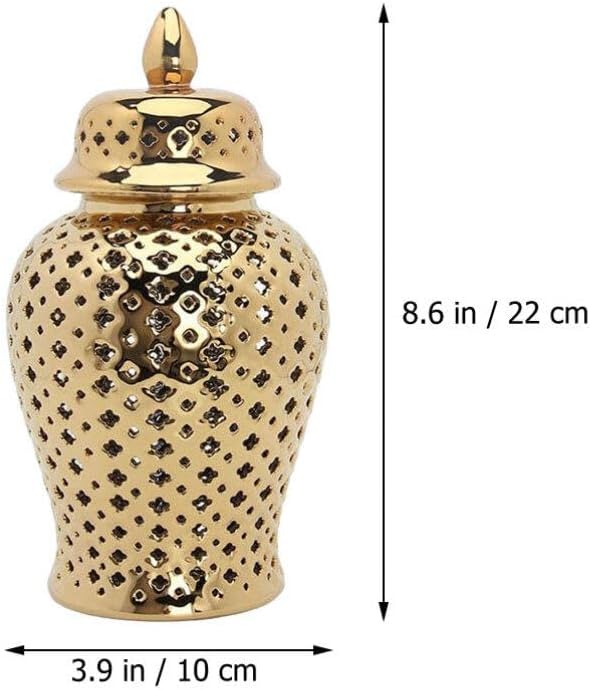Ceramic Ginger Jar with Lid Lattice Decorative Temple Jar Cut Out Ceramic Vase and Kitchen Decoration Golden 22x10cm