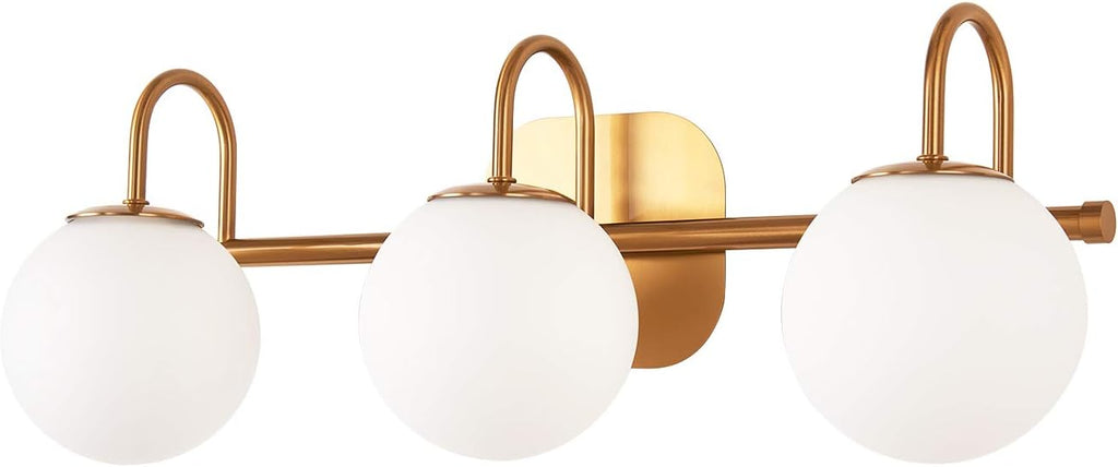 Modern Bathroom Vanity Light Fixtures 3 Lights Brushed Brass Frame and Milk White Glass Globe Shade Modern Wall