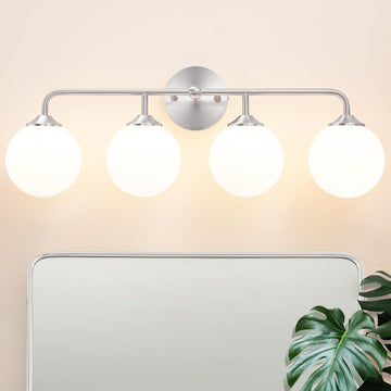 Modern 4-Lights Brushed Nickel Vanity Lights Over Mirror, Bathroom Lighting Fixtures with Milk White Globe Glass