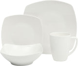 Zen Buffet White Porcelain Dinnerware Set for 4, Square Plates Bowls and Mugs, Chip and Scratch Resistant