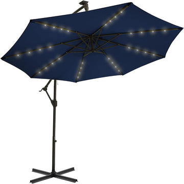 10ft Solar LED Offset Hanging Market Cantilever Patio Umbrella and Garden, Easy Tilt Adjustment