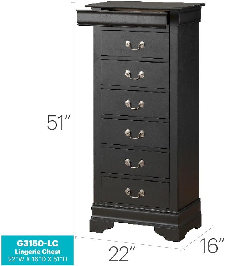 Louis Phillipe 6-Drawer Lingerie Chest in Black Finish - Tall Slim Bedroom Dresser with Dovetail Drawers - 22" W x
