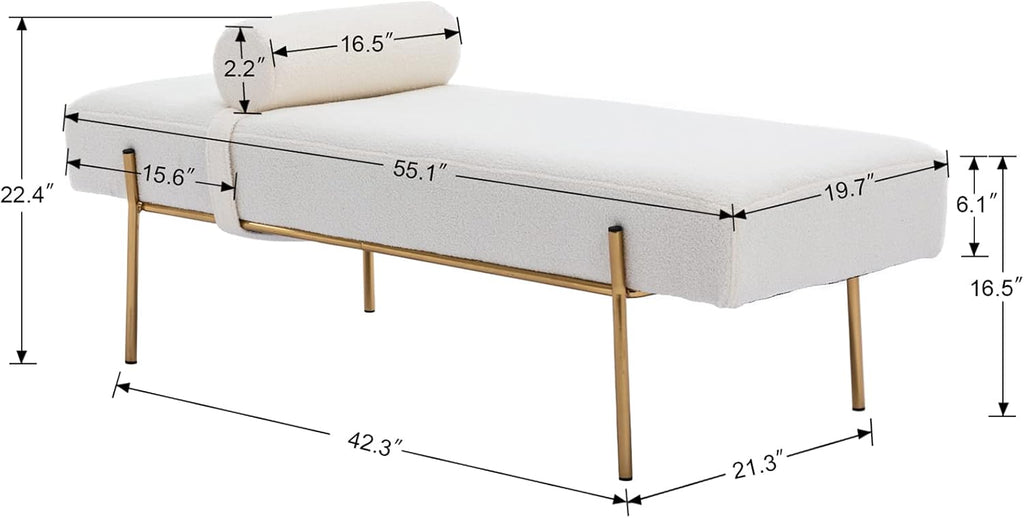 Modern End of Bed Bench, Upholstered Entryway Bench with Detachable Pillow , Faux Fur Ottoman Bench with Gold Metal