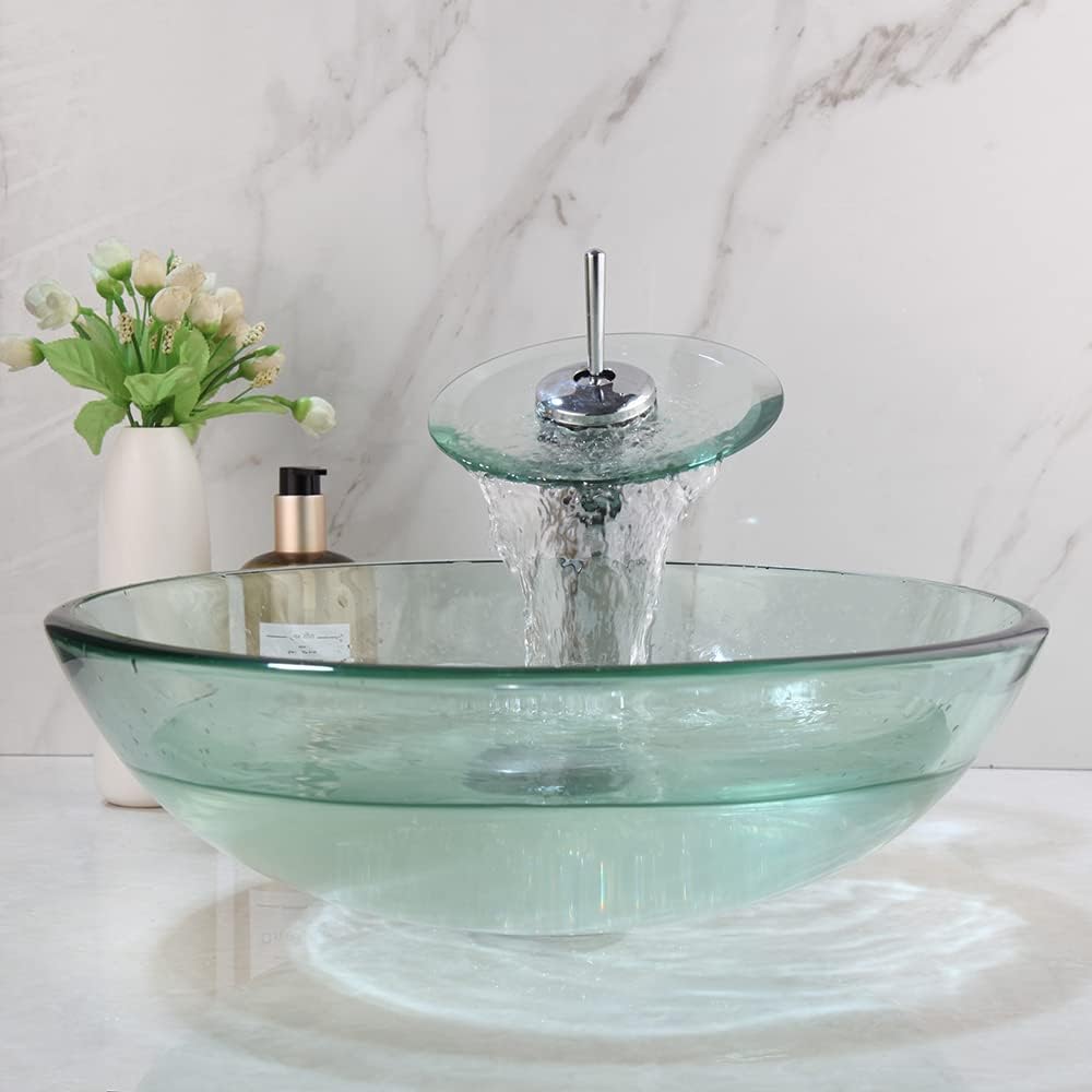 Clear Glass Vessel Sink with Chrome Faucet and Pop-Up Drain Set 17 Inch Round Bathroom Tempered Glass Basin Top Mount